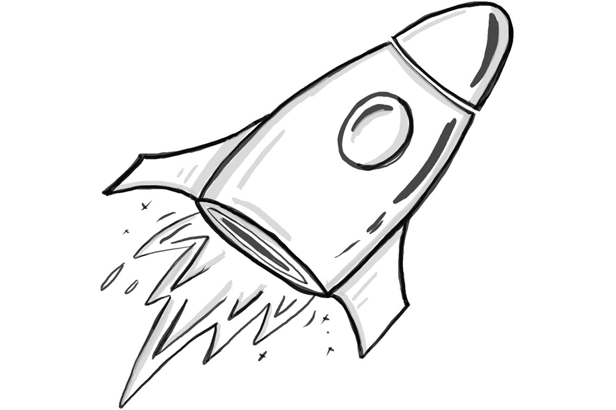 Gezeichnete Rakete, die startet und Dynamik symbolisiert