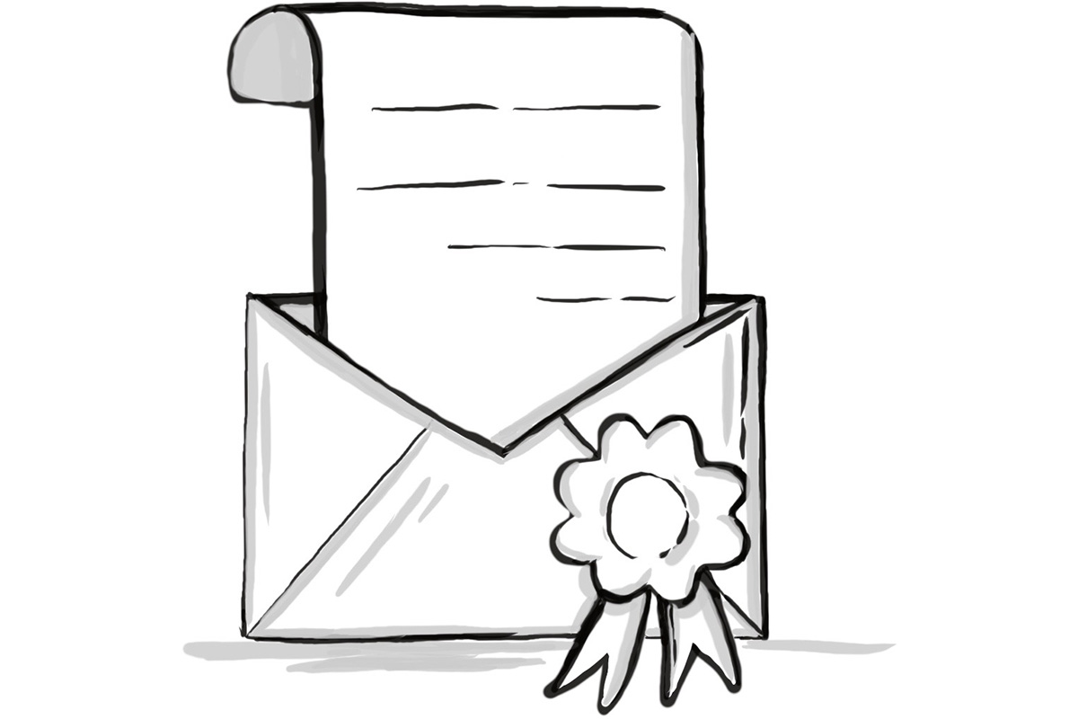 Briefumschlag mit Zertifikat als Symbol für Qualifikation und Auszeichnung